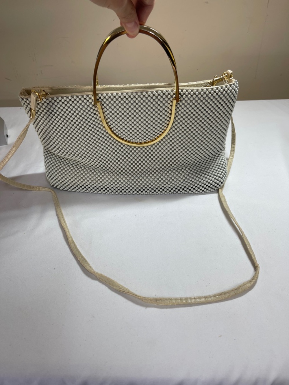 Vintage White Beaded Clutch with Gold Oval Handle